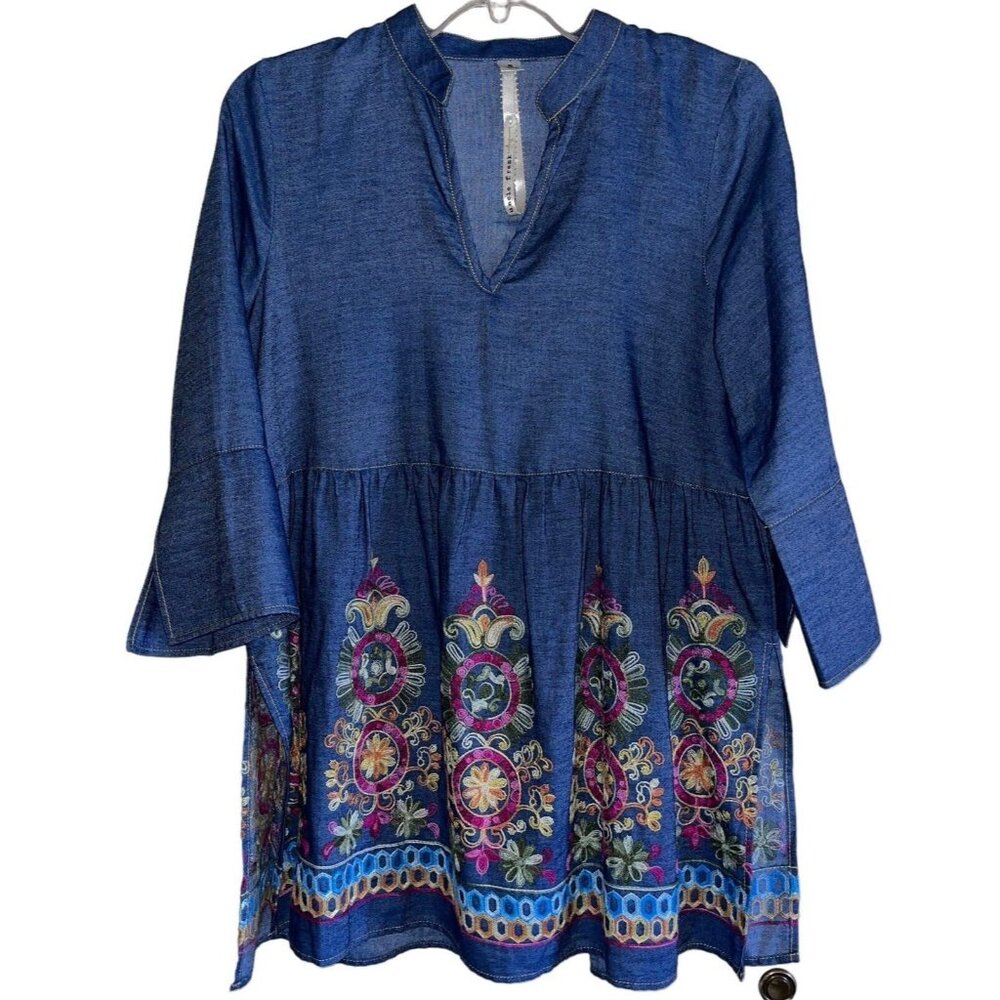 Anthropologie Uncle Frank Blue Denim Embroidered BOHO Split Neck Peasant Top SM